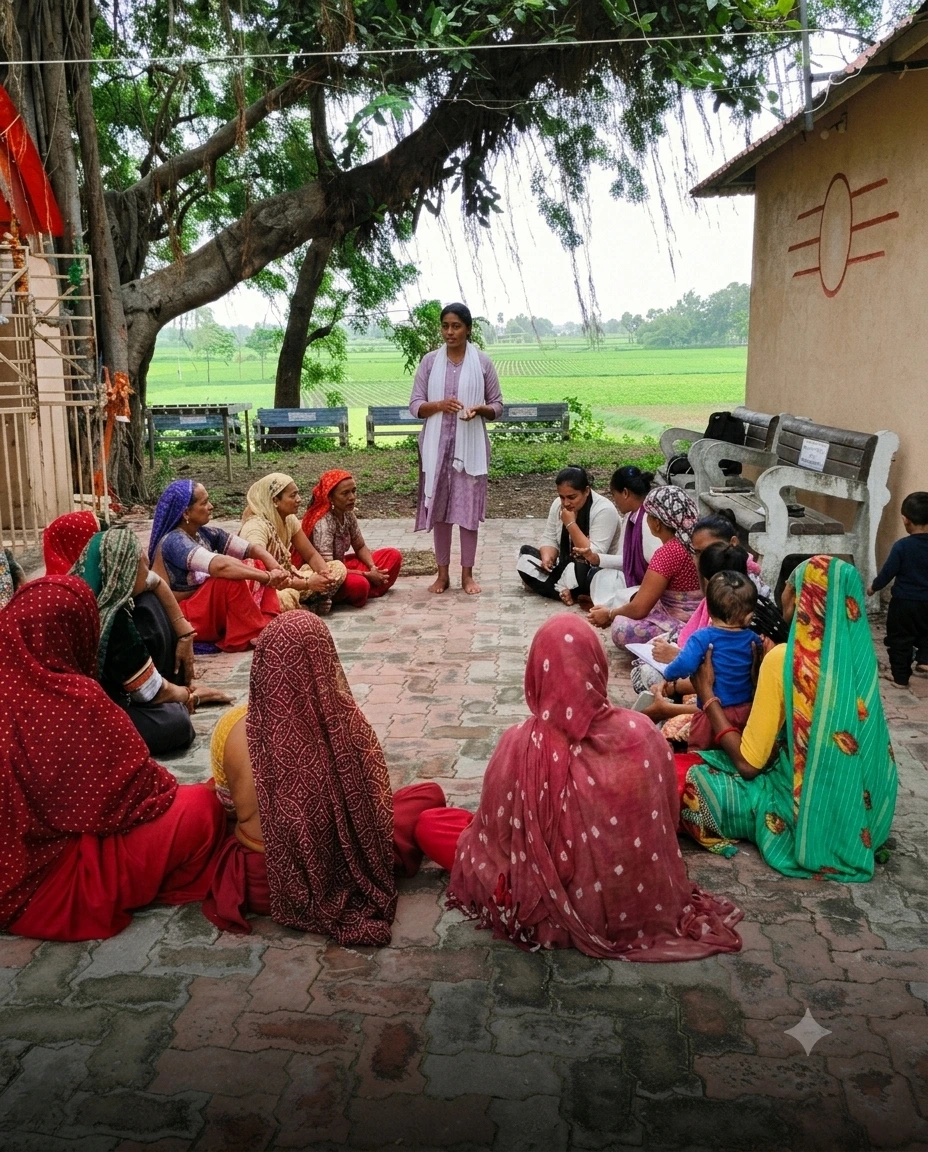 A NITARA field worker leading a Farmer Group Meeting with women seated in a circle