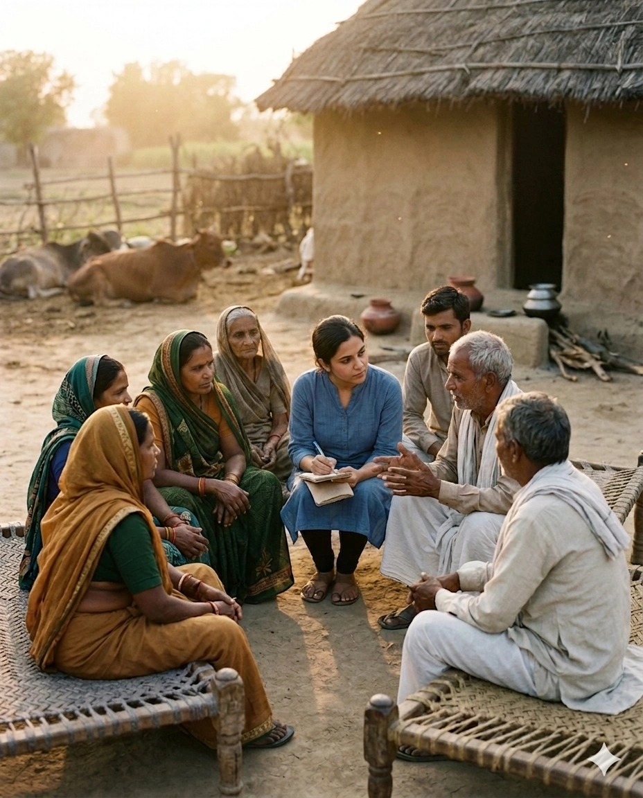 A NITARA field worker sitting and listening to a circle of farmers in a village