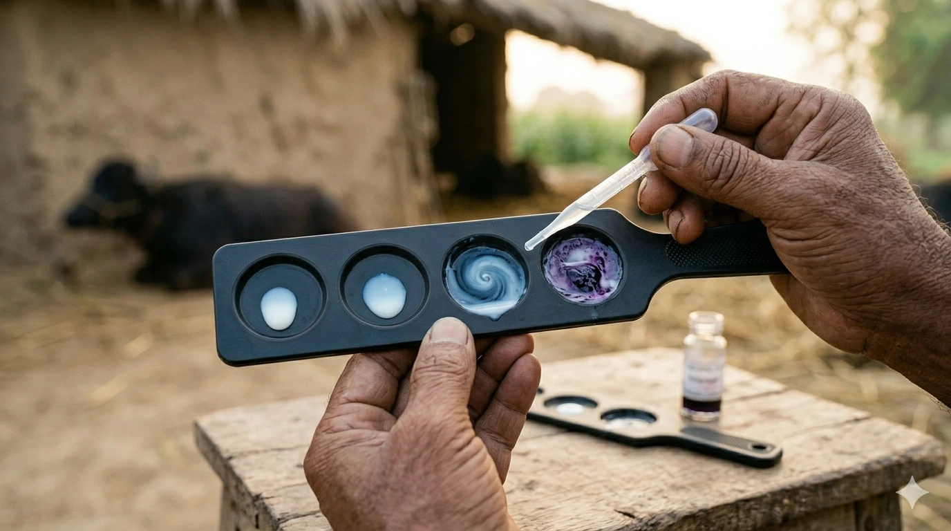 The ₹4 California Mastitis Test — four drops of milk on a paddle