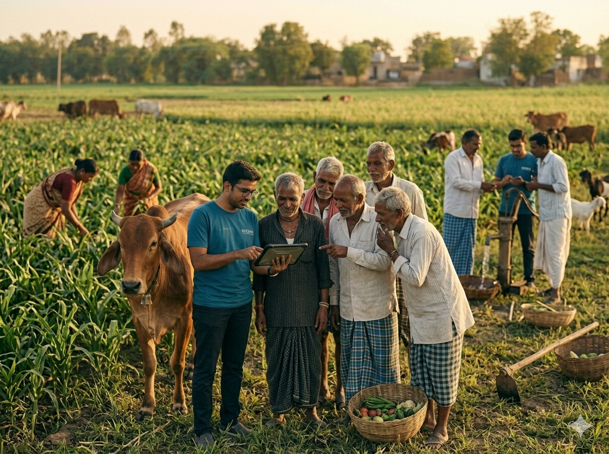 Field officers with farmers and a cow in the field, using a tablet